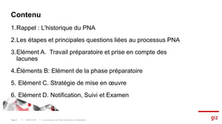 Contenu
1.Rappel : L’historique du PNA
2.Les étapes et principales questions liées au processus PNA
3.Elément A. Travail p...