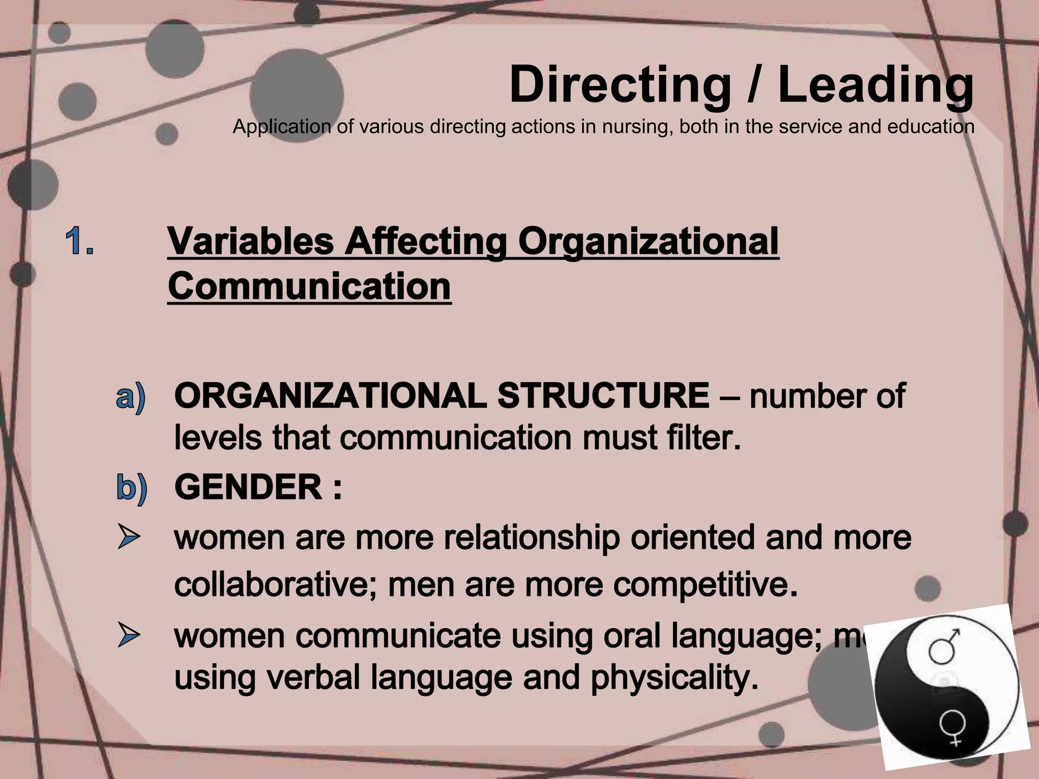 Directing / Leading
Application of various directing actions in nursing, both in the service and education