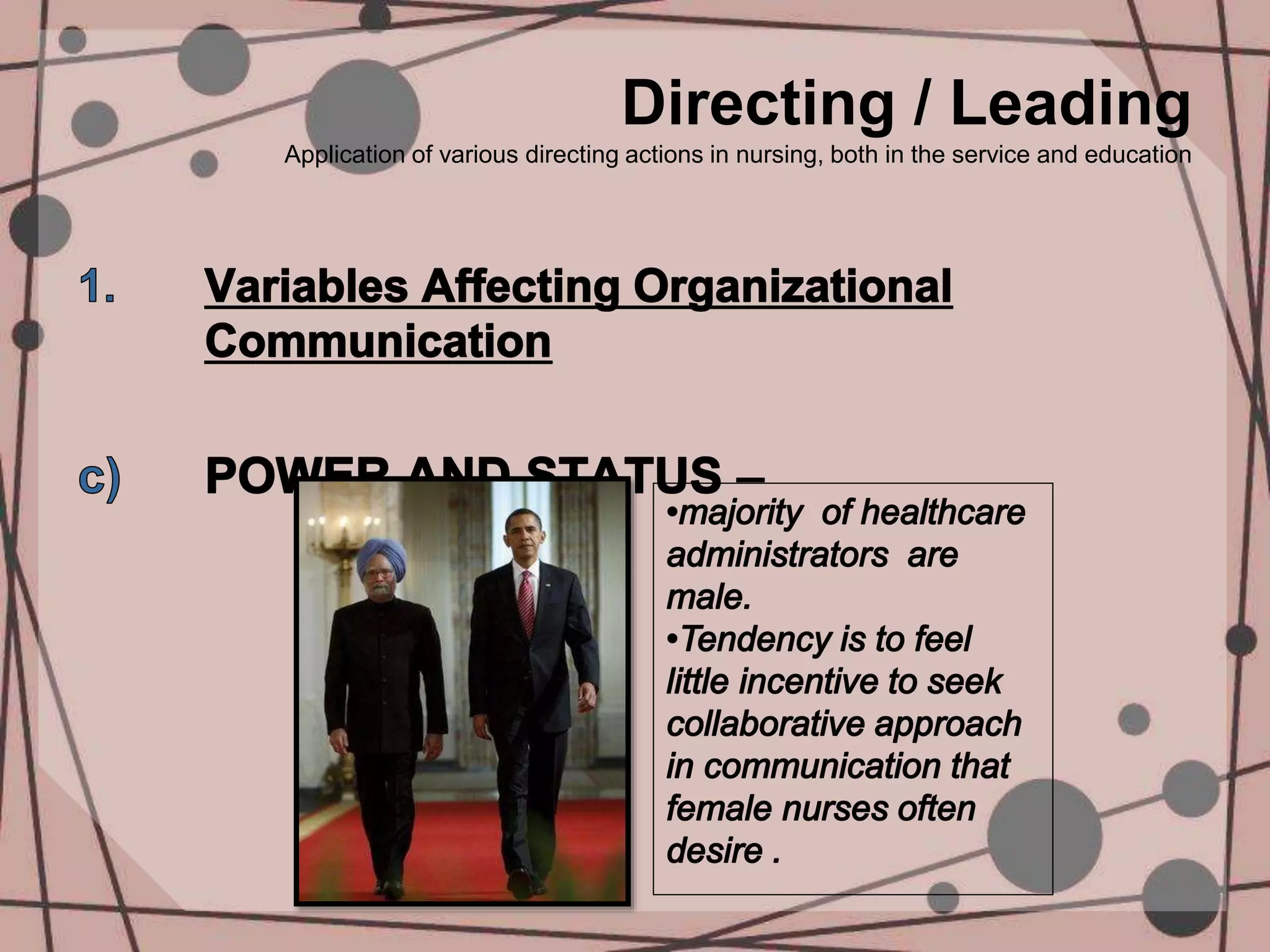 Directing / Leading
Application of various directing actions in nursing, both in the service and education