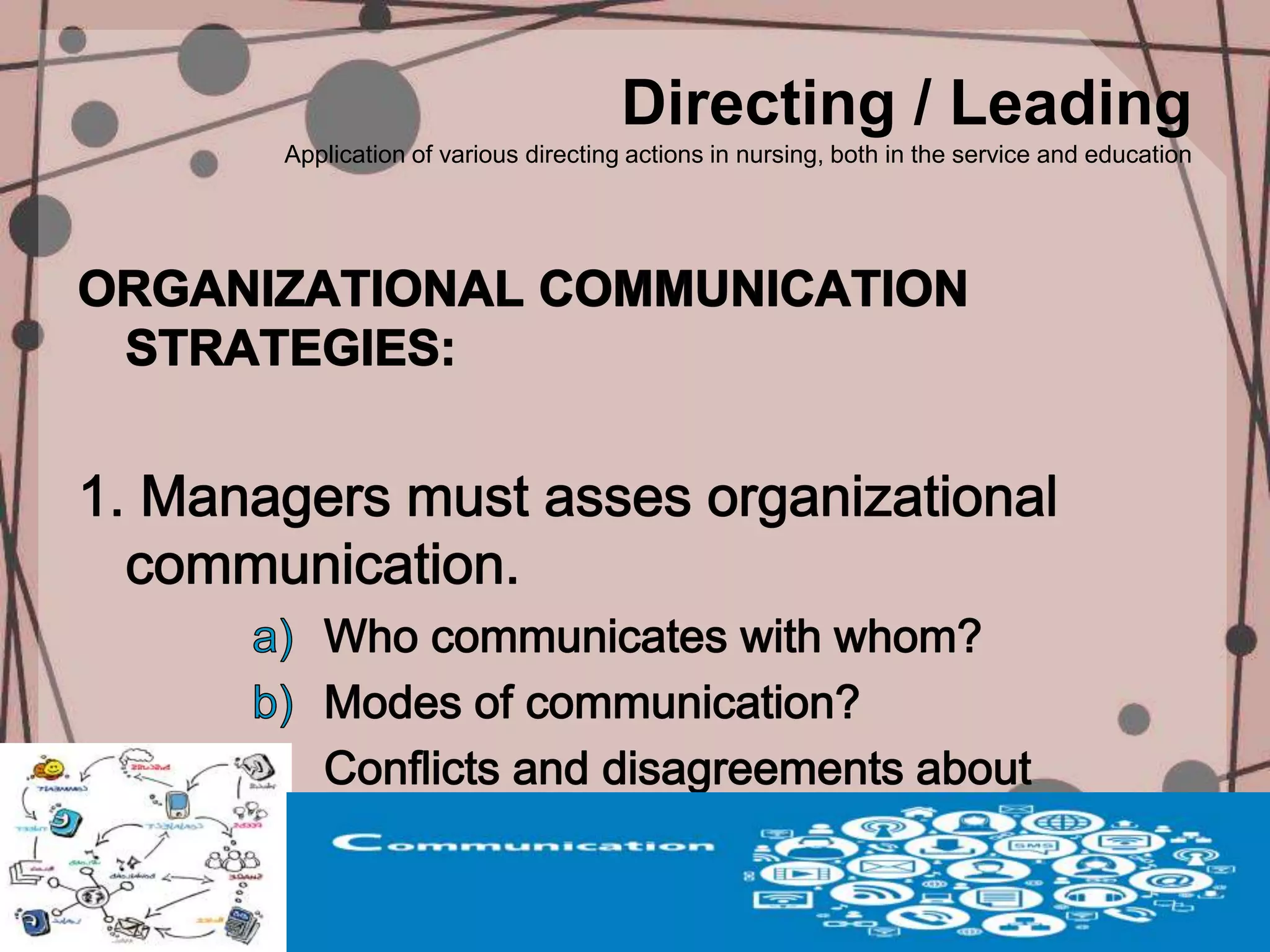 Directing / Leading
Application of various directing actions in nursing, both in the service and education