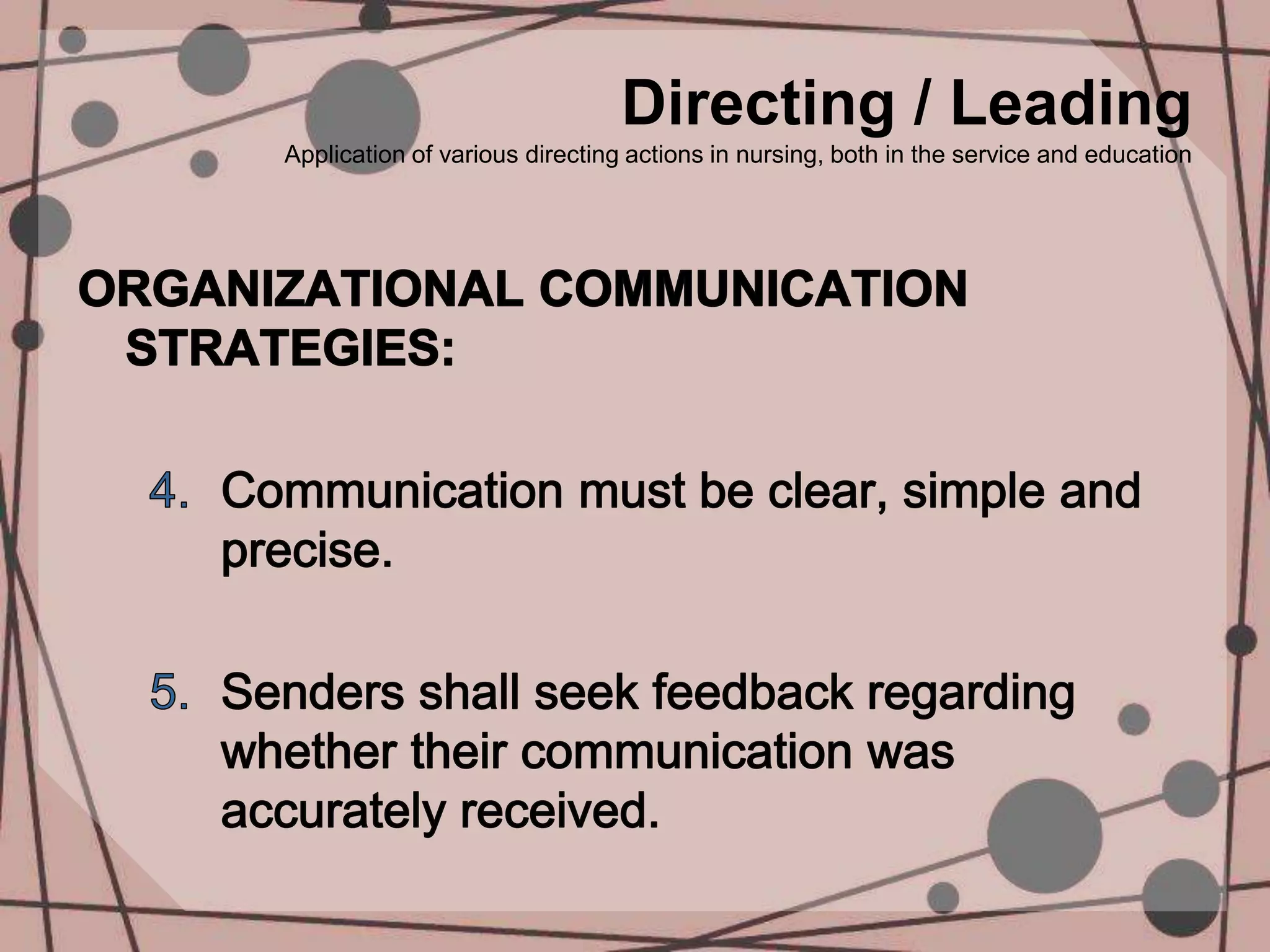 Directing / Leading
Application of various directing actions in nursing, both in the service and education