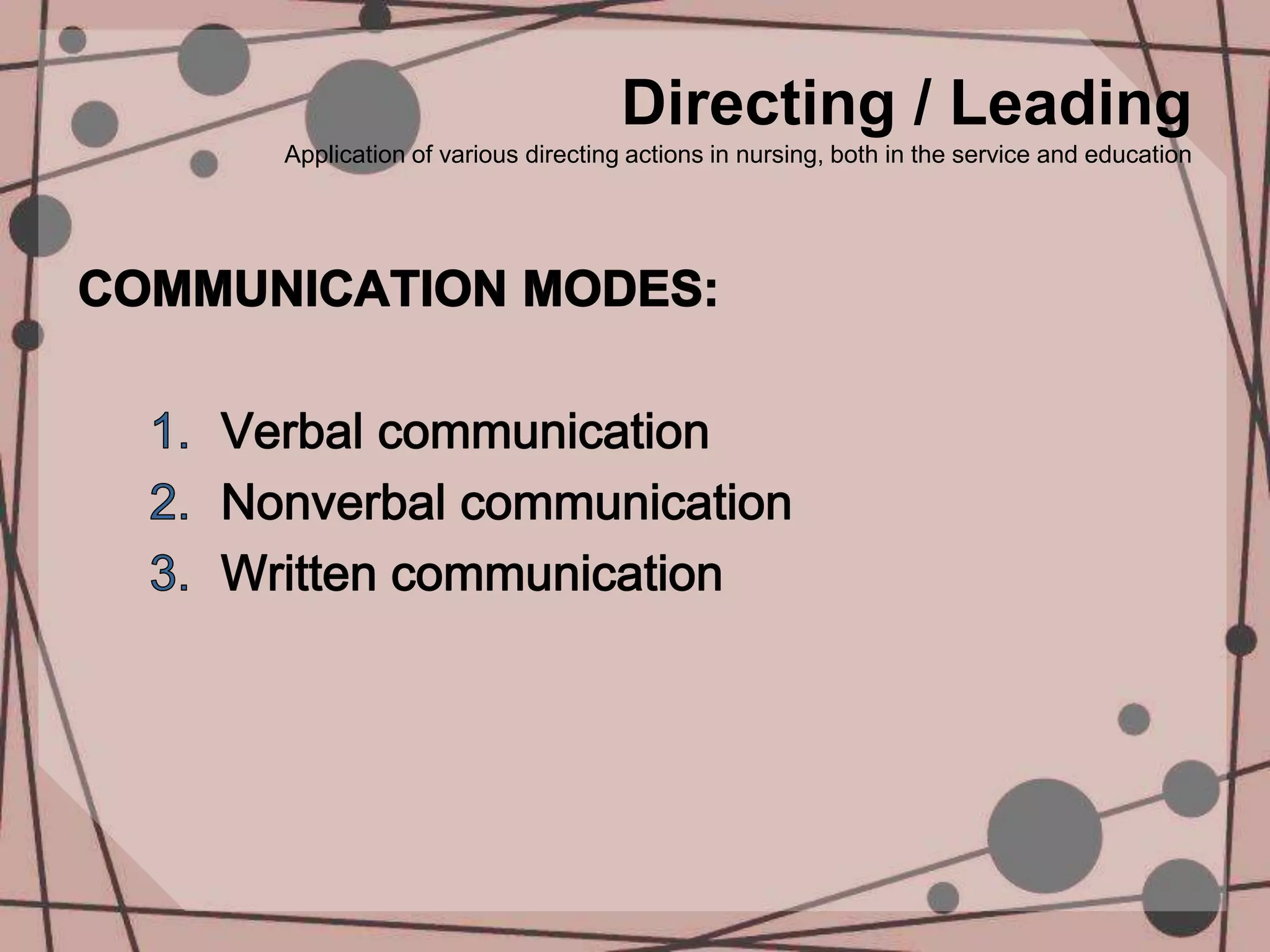Directing / Leading
Application of various directing actions in nursing, both in the service and education