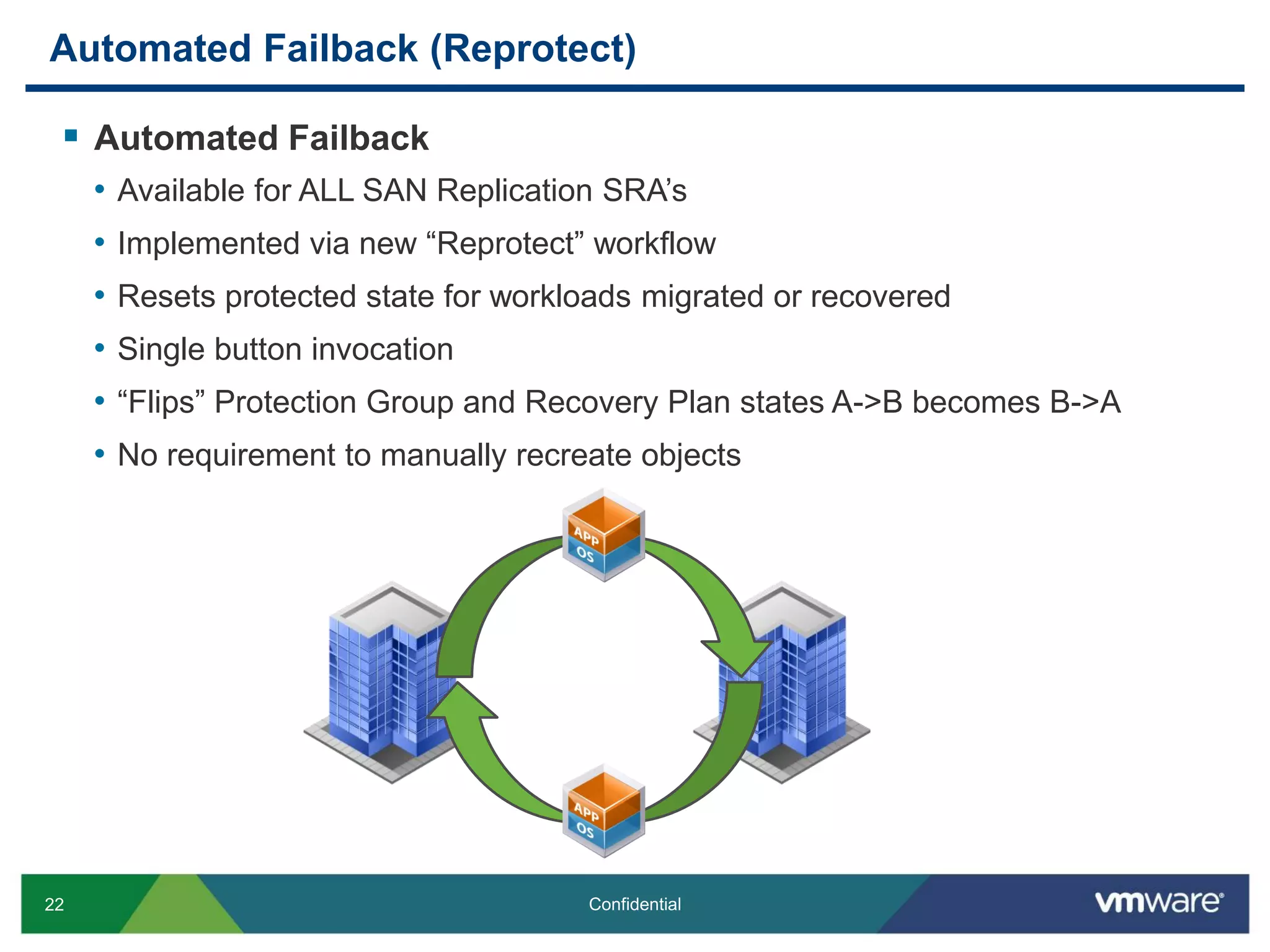22 Confidential
 Automated Failback
• Available for ALL SAN Replication SRA’s
• Implemented via new “Reprotect” workflow
• Resets protected state for workloads migrated or recovered
• Single button invocation
• “Flips” Protection Group and Recovery Plan states A->B becomes B->A
• No requirement to manually recreate objects
Automated Failback (Reprotect)
 
