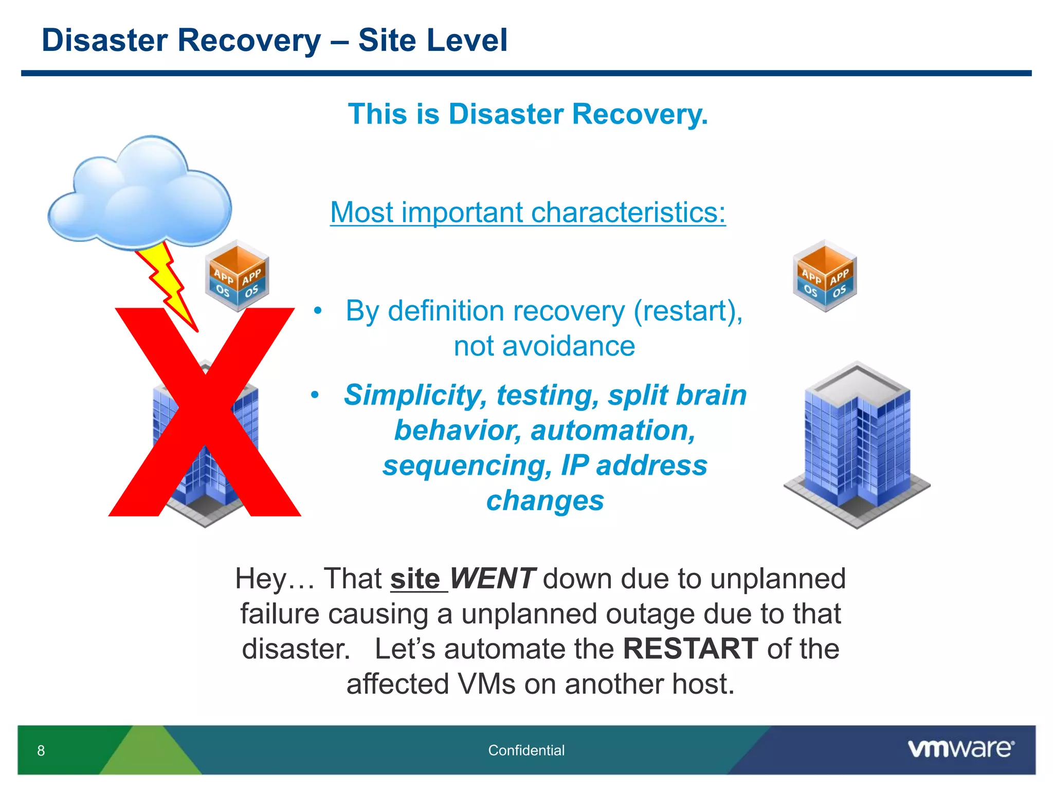 8 Confidential
Disaster Recovery – Site Level
Hey… That site WENT down due to unplanned
failure causing a unplanned outage due to that
disaster. Let’s automate the RESTART of the
affected VMs on another host.
This is Disaster Recovery.
Most important characteristics:
• By definition recovery (restart),
not avoidance
• Simplicity, testing, split brain
behavior, automation,
sequencing, IP address
changesX
 