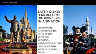 LATER, DISNEY
EMERGED TO
BE PIONEERS
IN ANIMATION
MICKEY MOUSE,
SNOW WHITE & THE
SEVEN DWARFS,
PETER PAN,
PINOCHHIO,
CHINDERELLA, ETC. WERE
SOME OF THE MOST
POPULAR ANIMATION
MOVIES
FOUNDATION STONE
 