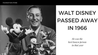 FOUNDATION STONE
WALT DISNEY
PASSED AWAY
IN 1966
He was the
best known person
in that year
 