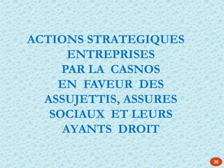ACTIONS STRATEGIQUES
ENTREPRISES
PAR LA CASNOS
EN FAVEUR DES
ASSUJETTIS, ASSURES
SOCIAUX ET LEURS
AYANTS DROIT
30
 