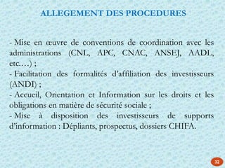 ALLEGEMENT DES PROCEDURES
- Mise en œuvre de conventions de coordination avec les
administrations (CNL, APC, CNAC, ANSEJ, AADL,
etc.…) ;
- Facilitation des formalités d’affiliation des investisseurs
(ANDI) ;
- Accueil, Orientation et Information sur les droits et les
obligations en matière de sécurité sociale ;
- Mise à disposition des investisseurs de supports
d’information : Dépliants, prospectus, dossiers CHIFA.
32
 