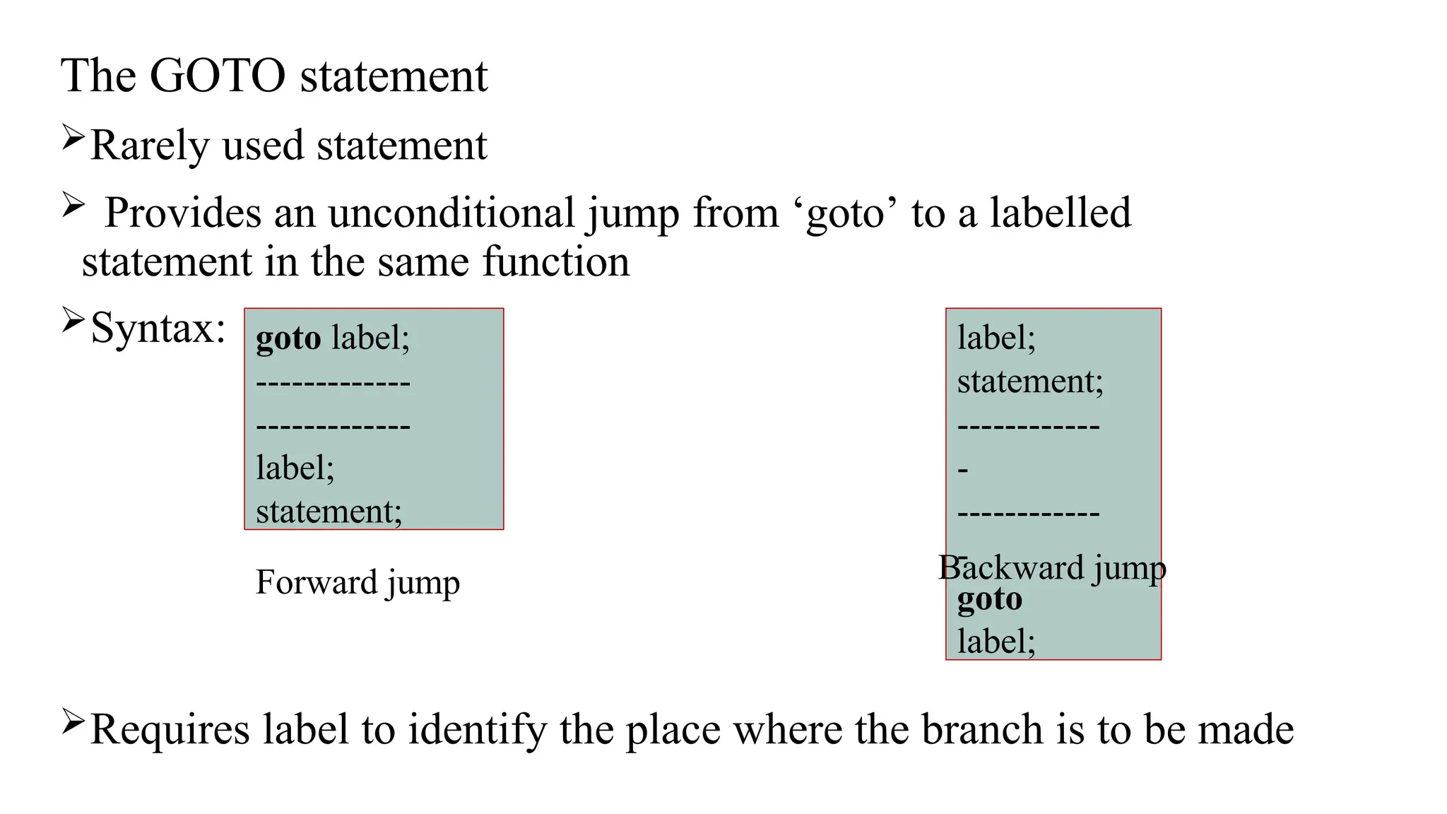 The GOTO statement
Rarely used statement
 Provides an unconditional jump from ‘goto’ to a labelled
statement in the same function
Syntax:
Requires label to identify the place where the branch is to be made
goto label;
-------------
-------------
label;
statement;
label;
statement;
------------
-
------------
-
goto
label;
Forward jump Backward jump
 