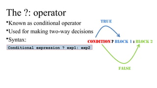 The ?: operator
Known as conditional operator
Used for making two-way decisions
Syntax:
Conditional expression ? exp1: exp2
 