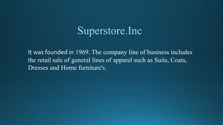 It was founded in 1969. The company line of business includes
the retail sale of general lines of apparel such as Suits, Coats,
Dresses and Home furniture's.
 