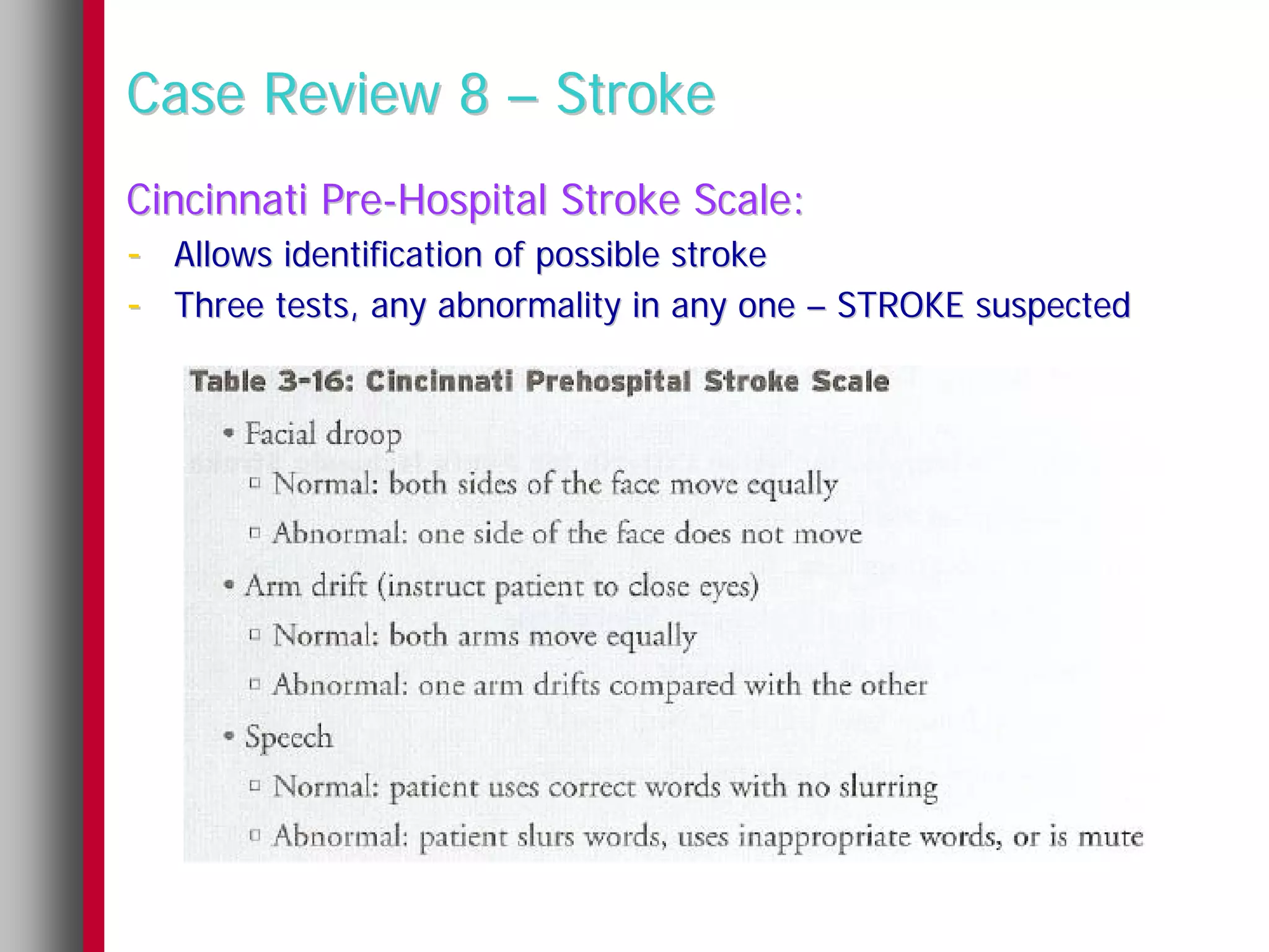 Case Review 8 – Stroke
Cincinnati Pre-Hospital Stroke Scale:
- Allows identification of possible stroke
- Three tests, any abnormality in any one – STROKE suspected
 