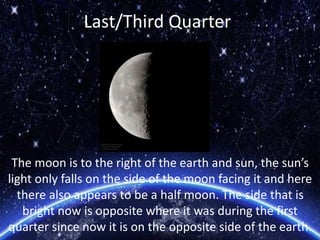 Last/Third Quarter
The moon is to the right of the earth and sun, the sun’s
light only falls on the side of the moon facing it and here
there also appears to be a half moon. The side that is
bright now is opposite where it was during the first
quarter since now it is on the opposite side of the earth.
 