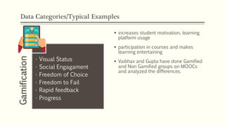 Data Categories/Typical Examples
Gamification
• Visual Status
• Social Engagament
• Freedom of Choice
• Freedom to Fail
• Rapid feedback
• Progress
§ increases student motivation, learning
platform usage
§ participation in courses and makes
learning entertaining
§ Vaibhav and Gupta have done Gamified
and Non Gamified groups on MOOCs
and analyzed the differences.
 