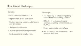 Benefits and Challanges
Benefits:
• Determining the target course
• Improvement of the curriculum
• Student learning outcomes, behaviors
and processes
• Individualized learning
• Teacher performance improvement
• Post-educational employment.
Challenges:
• The necessity of establishing strong
connections with learning science
• Difficulty in understanding and
optimizing learning environments and
MOOCs.
• Focus on students’ point of view
• Not to develop and implement a clear
set of ethical rules
 