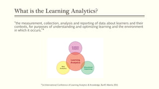 What is the Learning Analytics?
“the measurement, collection, analysis and reporting of data about learners and their
contexts, for purposes of understanding and optimizing learning and the environment
in which it occurs.”*
*1st International Conference of Learning Analytics & Knowledge, Banff, Alberta 2011
 