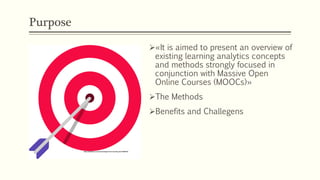 Purpose
Ø«It is aimed to present an overview of
existing learning analytics concepts
and methods strongly focused in
conju...
