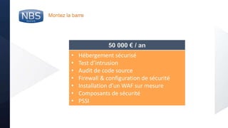 @nbs_system
Montez la barre
• Hébergement sécurisé
• Test d’intrusion
• Audit de code source
• Firewall & configuration de sécurité
• Installation d’un WAF sur mesure
• Composants de sécurité
• PSSI
50 000 € / an
 