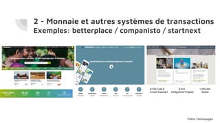 2 - Monnaie et autres systèmes de transactions
Exemples: betterplace / companisto / startnext
61.643.449 € 6.814 1.050.000
Crowd finanziert erfolgreiche Projekte Nutzer
Fotos: Homepages
 