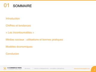 01 
Introduction 
Chiffres et tendances 
« Les incontournables » 
Médias sociaux : utilisations et bonnes pratiques 
Modèl...