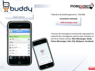 Nombre de téléchargements : 250 000 Service de messagerie instantanée regroupant la majorité des messageries web les plus utilisées au sein d’un même service:  Msn Messenger, Gtalk, Yahoo Messenger, Alm, ICQ, MySpace, Facebook.  Inventaire mensuel 10M de pages vues Appli iphone 