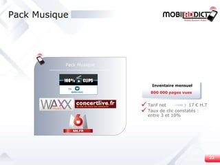Pack Musique Pack Musique -------------------------------- Tarif net  17 € H.T Taux de clic constatés : entre 3 et 10%  800 000 pages vues Inventaire mensuel by 