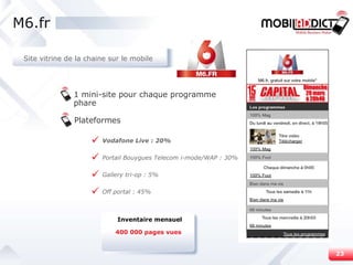 1 mini-site pour chaque programme phare Plateformes Vodafone Live : 20% Portail Bouygues Telecom i-mode/WAP : 30% Gallery tri-op : 5% Off portal : 45% M6.fr 400 000 pages vues Inventaire mensuel Site vitrine de la chaine sur le mobile 