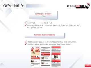 Tarif net  18 € H.T  Formats MMA 6:1 : 120x20, 168x28, 216x36, 300x50, JPG, GIF poids <5 kb Habillage de pages : 2k€ nets/semaine, 6k€ nets/mois Interstitiels d’entrée ou intérieur (tarif sur devis) Offre M6.fr Campagne Display  CPM Formats événementiels 