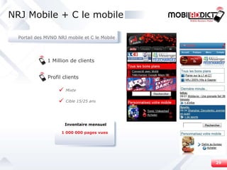 1 Million de clients Profil clients Mixte Cible 15/25 ans NRJ Mobile + C le mobile 1 000 000 pages vues Inventaire mensuel Portail des MVNO NRJ mobile et C le Mobile 