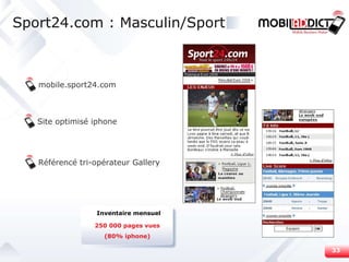 Sport24.com : Masculin/Sport Site optimisé iphone mobile.sport24.com Référencé tri-opérateur Gallery 250 000 pages vues (80% iphone) Inventaire mensuel 