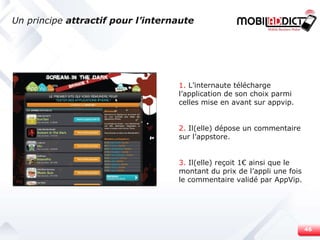 Un principe  attractif pour l’internaute 1.  L’internaute télécharge l’application de son choix parmi celles mise en avant sur appvip. 2.  Il(elle) dépose un commentaire sur l’appstore. 3.  Il(elle) reçoit 1€ ainsi que le montant du prix de l’appli une fois le commentaire validé par AppVip. 