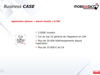 Business  CASE 3 000€ investis 1er du top 25 général de l’Appstore en 24h Plus de 30 000 téléchargements depuis l’opération Plus de 15 000 € de CA Application Iphone: « Savoir Inutile » 0.79€ 