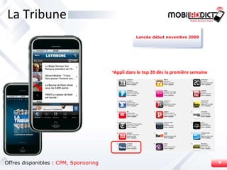 La Tribune Appli dans le top 20 dès la première semaine Offres disponibles :  CPM, Sponsoring Lancée début novembre 2009 