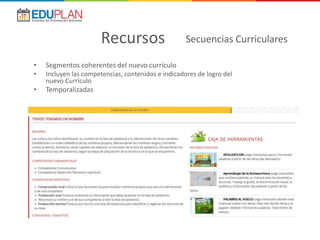 • Segmentos coherentes del nuevo currículo
• Incluyen las competencias, contenidos e indicadores de logro del
nuevo Currículo
• Temporalizadas
Recursos Secuencias Curriculares