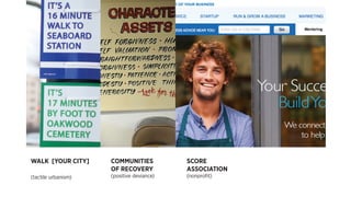 SCORE
ASSOCIATION
(nonprofit)
COMMUNITIES
OF RECOVERY
(positive deviance)
WALK [YOUR CITY]
(tactile urbanism)
 
