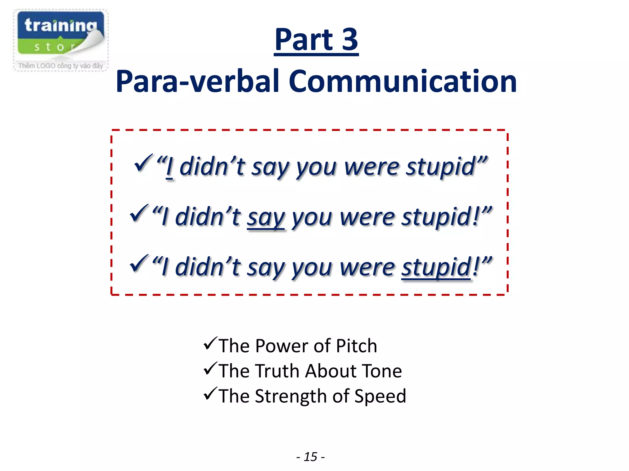 Part 3
Para-verbal Communication
“I didn’t say you were stupid”

“I didn’t say you were stupid!”
“I didn’t say you were stupid!”
The Power of Pitch
The Truth About Tone
The Strength of Speed
- 15 -

 