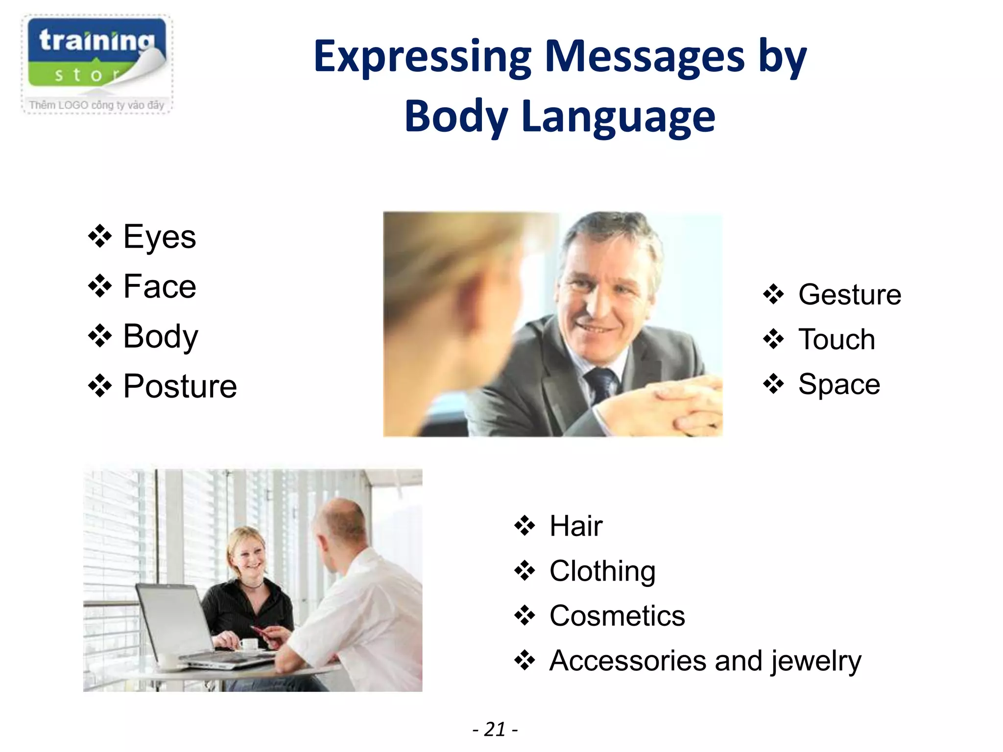 Expressing Messages by
Body Language
 Eyes
 Face
 Body
 Posture

 Gesture
 Touch

 Space

 Hair
 Clothing

 Cosmetics
 Accessories and jewelry
- 21 -

 
