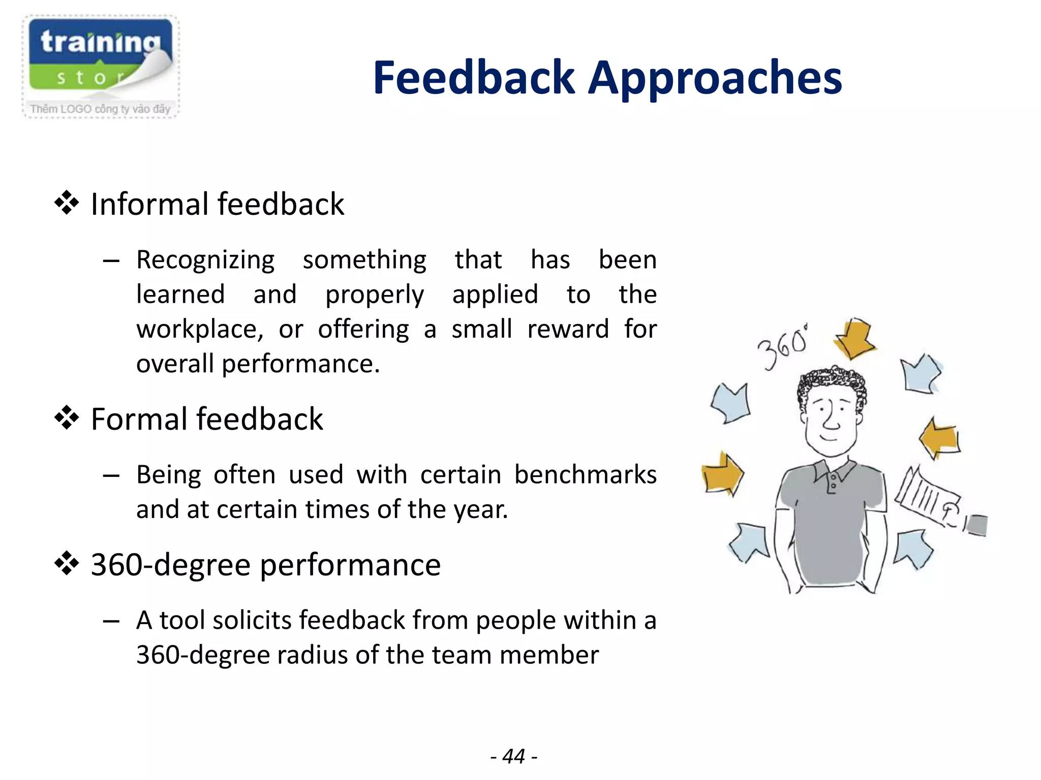 Feedback Approaches
 Informal feedback
– Recognizing something that has been
learned and properly applied to the
workplace, or offering a small reward for
overall performance.

 Formal feedback
– Being often used with certain benchmarks
and at certain times of the year.

 360-degree performance
– A tool solicits feedback from people within a
360-degree radius of the team member

- 44 -

 