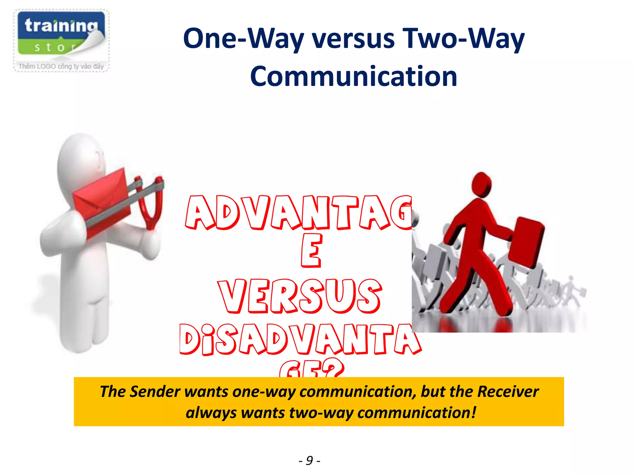 One-Way versus Two-Way
Communication

Advantag
e
Versus
Disadvanta
ge?
The Sender wants one-way communication, but the Receiver
always wants two-way communication!
-9-

 