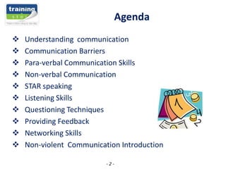 Agenda











Understanding communication
Communication Barriers
Para-verbal Communication Skills
Non-verbal Communication
STAR speaking
Listening Skills
Questioning Techniques
Providing Feedback
Networking Skills
Non-violent Communication Introduction
-2-

 
