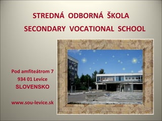 STREDNÁ ODBORNÁ ŠKOLA
SECONDARY VOCATIONAL SCHOOL
Pod amfiteátrom 7
934 01 Levice
SLOVENSKO
www.sou-levice.sk
 