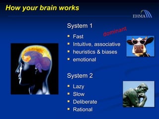 How your brain works
System 1
 Fast
 Intuitive, associative
 heuristics & biases
 emotional
System 2
 Lazy
 Slow
 Deliberate
 Rational
 