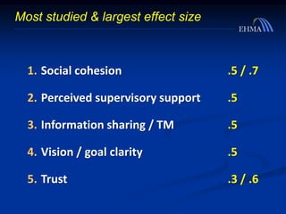 Most studied & largest effect size
1. Social cohesion .5 / .7
2. Perceived supervisory support .5
3. Information sharing / TM .5
4. Vision / goal clarity .5
5. Trust .3 / .6
 