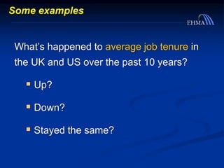 Some examples
What’s happened to average job tenure in
the UK and US over the past 10 years?
 Up?
 Down?
 Stayed the same?
 