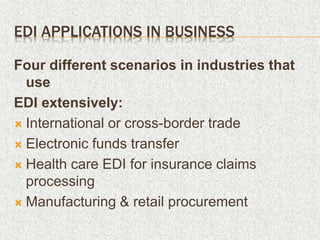 EDI APPLICATIONS IN BUSINESS
Four different scenarios in industries that
use
EDI extensively:
 International or cross-border trade
 Electronic funds transfer
 Health care EDI for insurance claims
processing
 Manufacturing & retail procurement
 