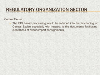 Central Excise:
 The EDI based processing would be induced into the functioning of
Central Excise especially with respect to the documents facilitating
clearances of export/import consignments.
REGULATORY ORGANIZATION SECTOR
 