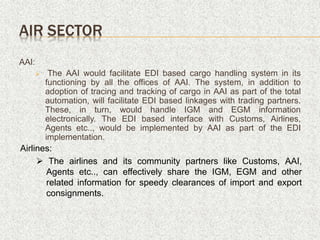 AAI:
 The AAI would facilitate EDI based cargo handling system in its
functioning by all the offices of AAI. The system, in addition to
adoption of tracing and tracking of cargo in AAI as part of the total
automation, will facilitate EDI based linkages with trading partners.
These, in turn, would handle IGM and EGM information
electronically. The EDI based interface with Customs, Airlines,
Agents etc.., would be implemented by AAI as part of the EDI
implementation.
AIR SECTOR
Airlines:
 The airlines and its community partners like Customs, AAI,
Agents etc.., can effectively share the IGM, EGM and other
related information for speedy clearances of import and export
consignments.
 