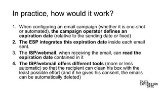 In practice, how would it work?
1. When configuring an email campaign (whether it is one-shot
or automated), the campaign operator defines an
expiration date (relative to the sending date or fixed)
2. The ESP integrates this expiration date inside each email
sent.
3. The ISP/webmail, when receiving the email, can read the
expiration date contained in it
4. The ISP/webmail offers different tools (more or less
automatic) so that the recipient can clean his box with the
least possible effort (and if he gives his consent, the emails
can be automatically deleted)
 