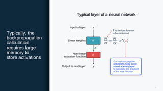 31
Typically, the
backpropagation
calculation
requires large
memory to
store activations
𝑊
𝜎
𝑥
𝑧
𝑦
𝜕ℓ
𝜕𝑧
=
𝜕ℓ
𝜕𝑦
⋅ 𝜎′
𝑧
For backpropagation,
activations need to be
stored at every layer
to calculate the gradient
of the loss function
Typical layer of a neural network
Linear weights
Non-linear
activation function
ℓ is the loss function
to be minimized
Input to layer
Output to next layer
 