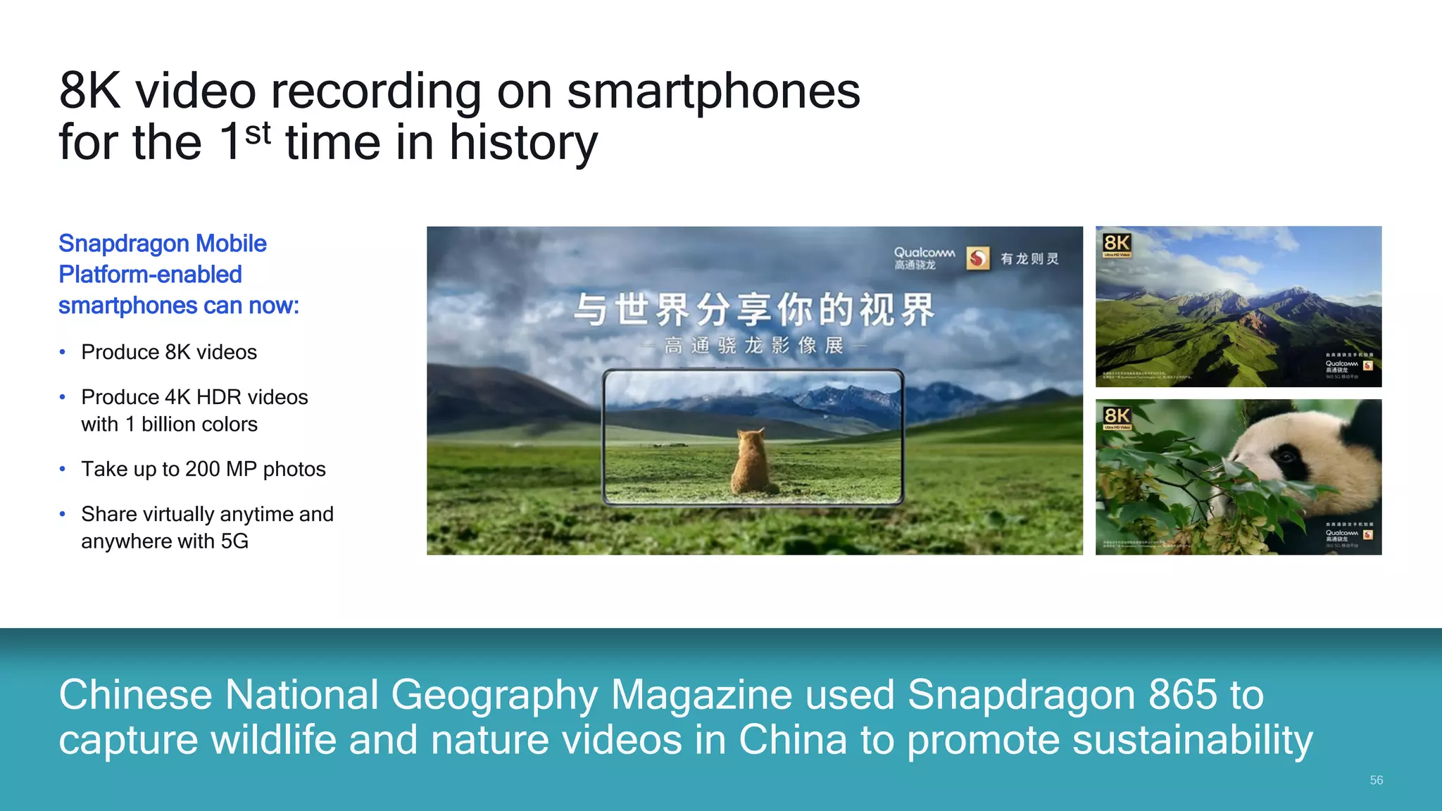 5656
Chinese National Geography Magazine used Snapdragon 865 to
capture wildlife and nature videos in China to promote sustainability
8K video recording on smartphones
for the 1st time in history
Snapdragon Mobile
Platform-enabled
smartphones can now:
• Produce 8K videos
• Produce 4K HDR videos
with 1 billion colors
• Take up to 200 MP photos
• Share virtually anytime and
anywhere with 5G
 